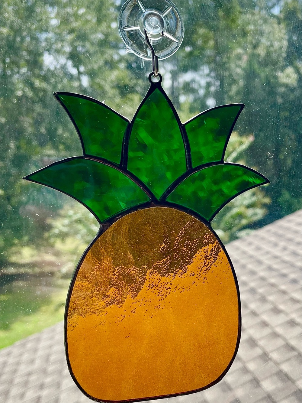 Vintage Stained Glass Pineapple Suncatcher – Gold & Green